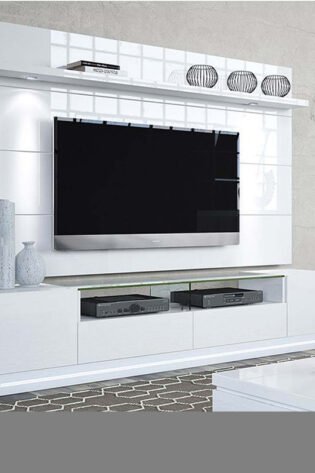 White Gloss Tv Unit With Wall TV Panel And LED light