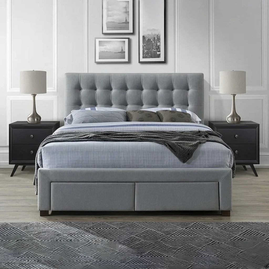 Tufted Upholstered Low Profile Bed With Drawers
