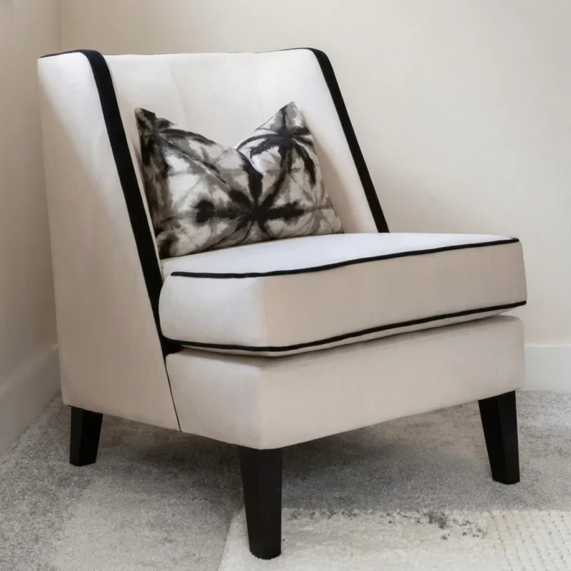 Cream Velvet Accent Chair With Black Piping