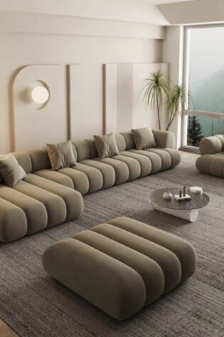 Overstuffed Fleece Fabric L-Shaped Sofa Set