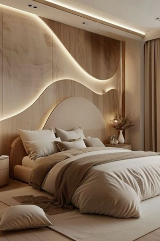 Modern LED Wood Accent Bed Set – Beige Luxury Bedroom
