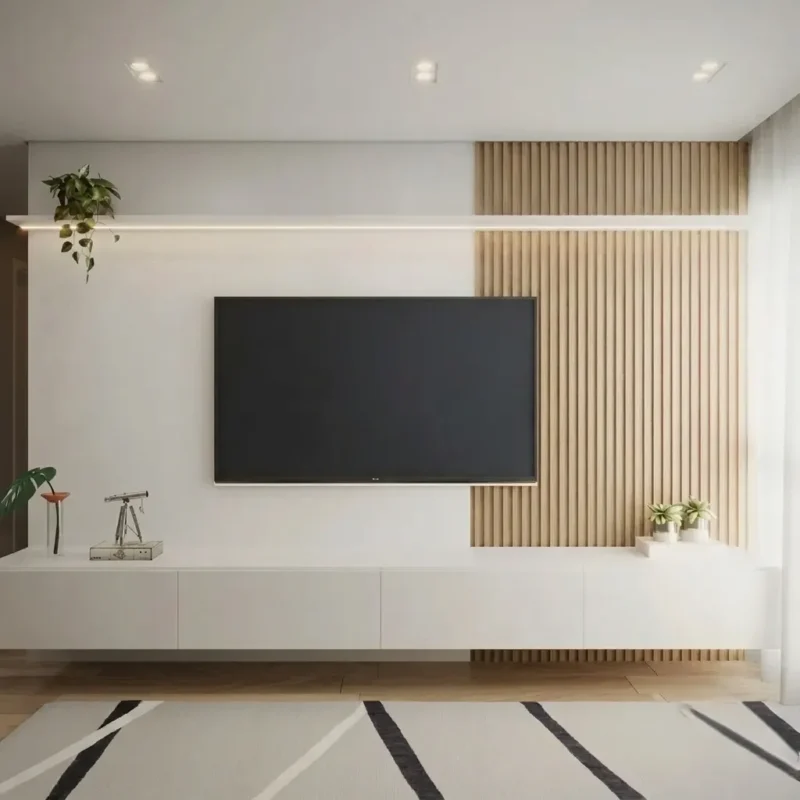 NordicGlow White Floating TV Unit with Light Oak Panel