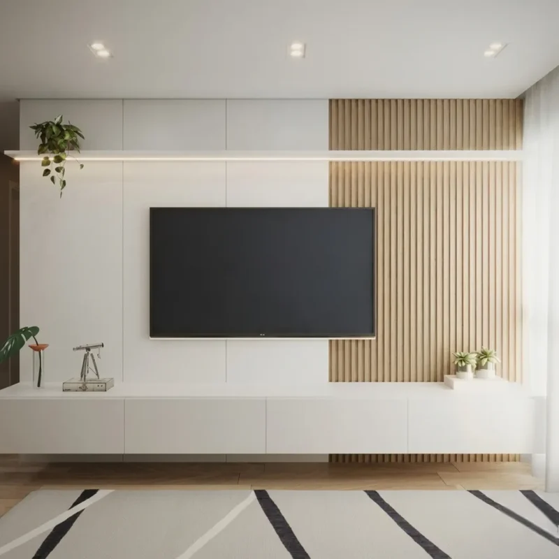 NordicGlow White Floating TV Unit with Light Oak Panel