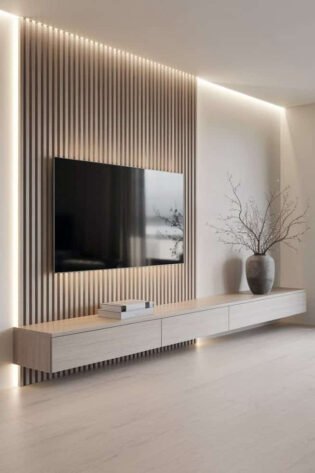 SilvaLite Floating TV Console with Slatted Backdrop