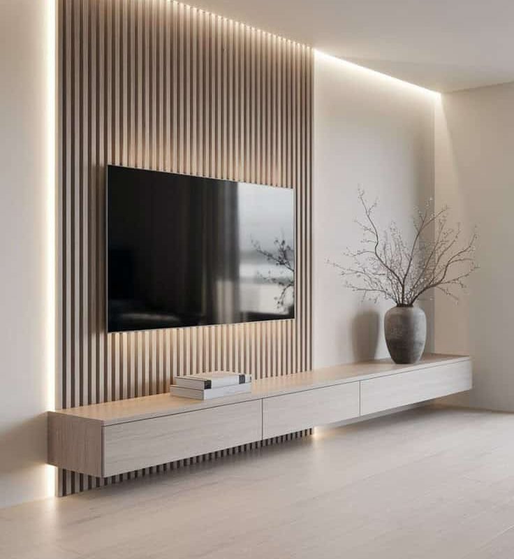 SilvaLite Floating TV Console with Slatted Backdrop