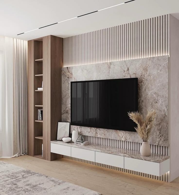 LuxeMarble Wall-Mounted TV Console with Display Shelf