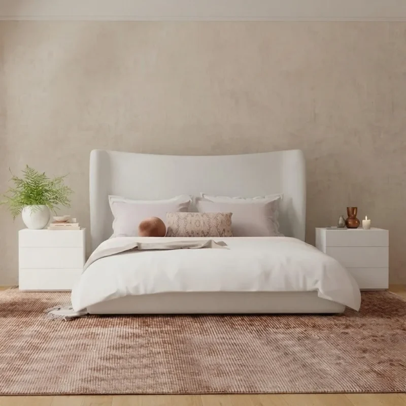 Winged upholstered linen bed