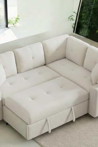 Lavish Ivory Luxe L-Shape Tufted Storage Sofa Bed