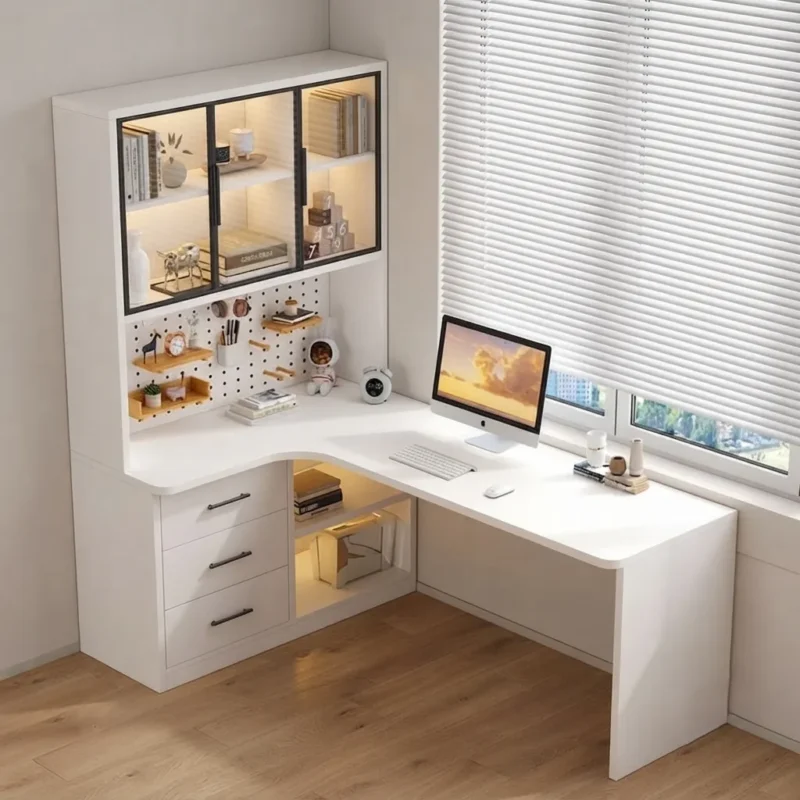 Corner Study Desk with Storage Glass Cabinet